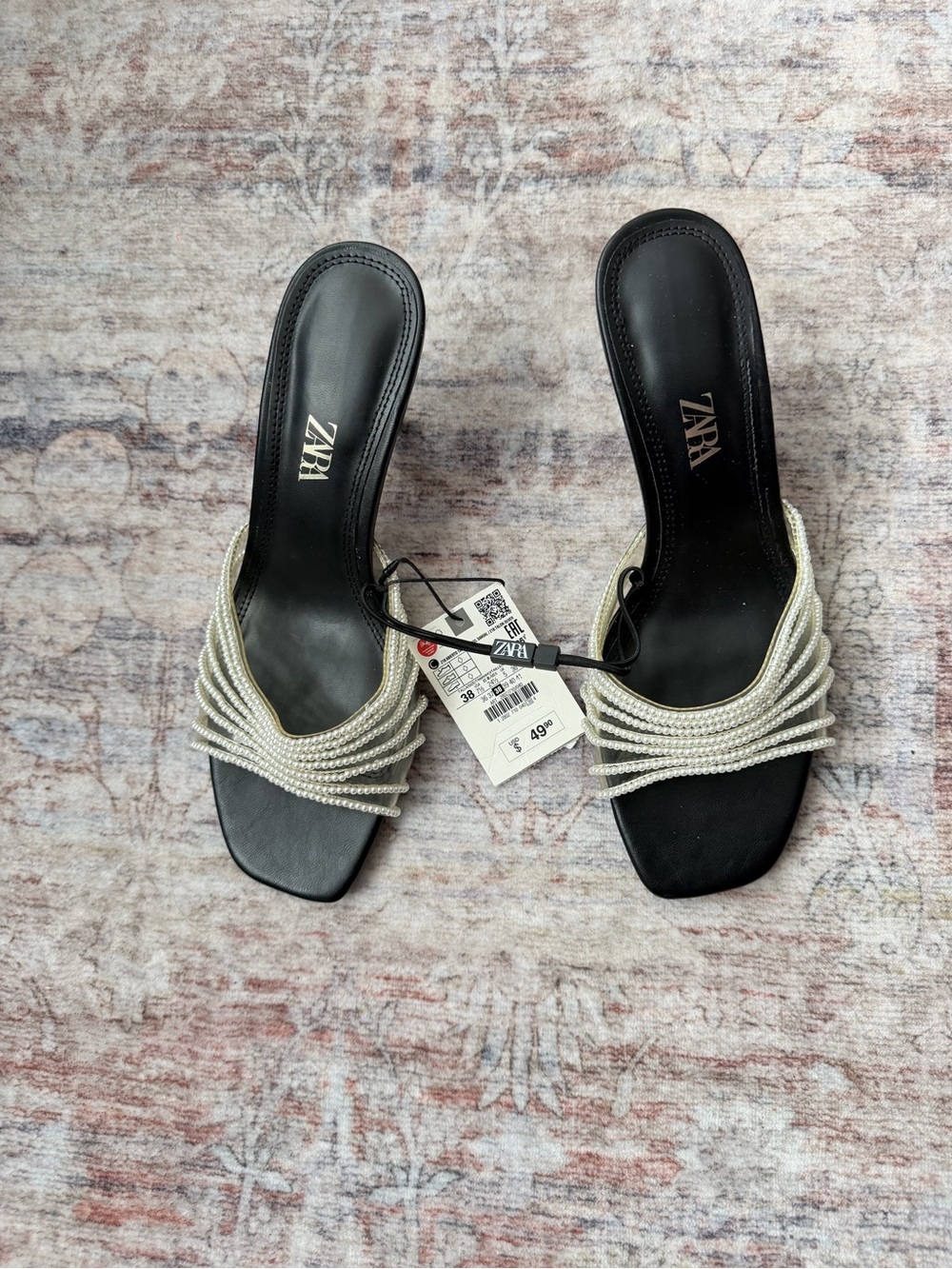 Zara Black Slide Heels with Pearl-Strand Detail